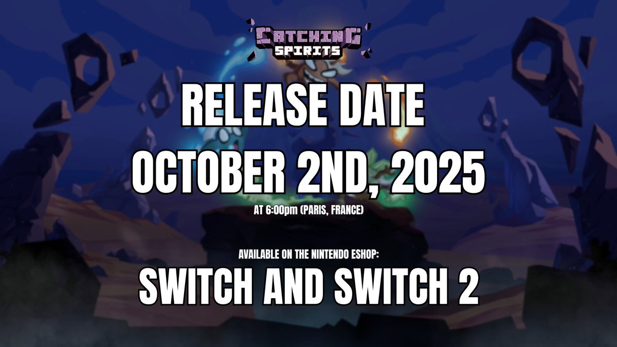 FINALLY 🥳 We're so happy to announce the official launch of Catching Spirits on the Nintendo Switch and Switch 2! Catching Spirits will be available on the Nintendo eShop on October 2nd at 6pm, (Paris France). 

#indiegame #nintendo #switch #indiegamedev