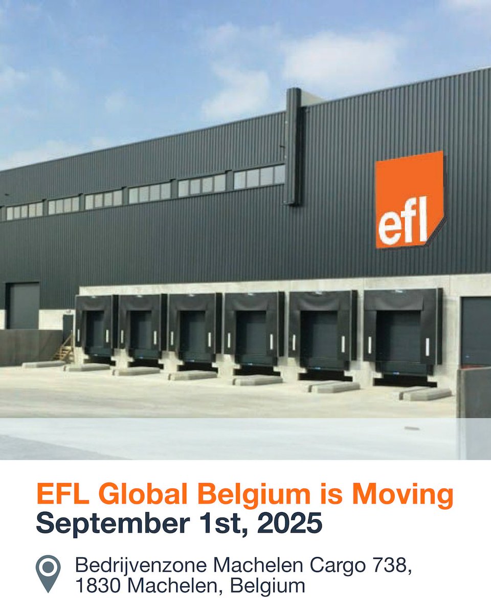 Starting September 1st, 2025, our Belgium station will operate from a new facility.

New Address: Bedrijvenzone Machelen Cargo 738, 1830 Machelen, Belgium

#EFLGlobal #GrowingBusinesses #TransformingSupplyChains