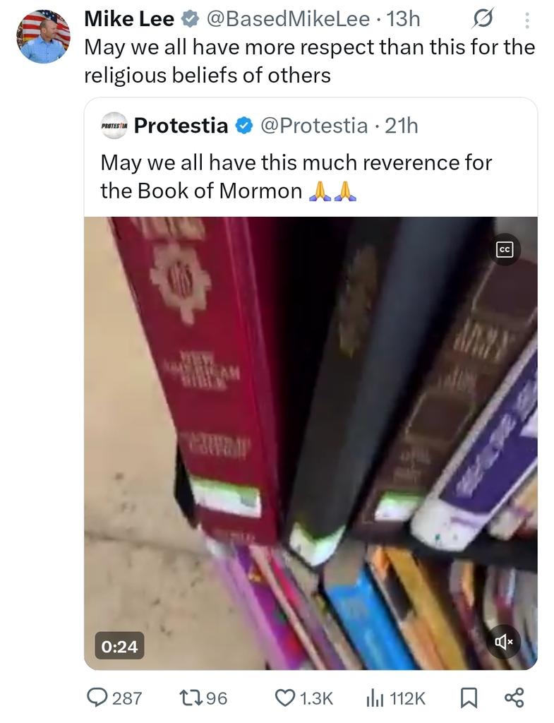 You'll have to parse out what you mean by "respect," <a href="/BasedMikeLee/">Mike Lee</a>

Mormons are generally very kind people, that we will ally with and be cobelligerents on a host of issues. In this sense we respect them.

But from a theological perspective, Christianity has never recognized