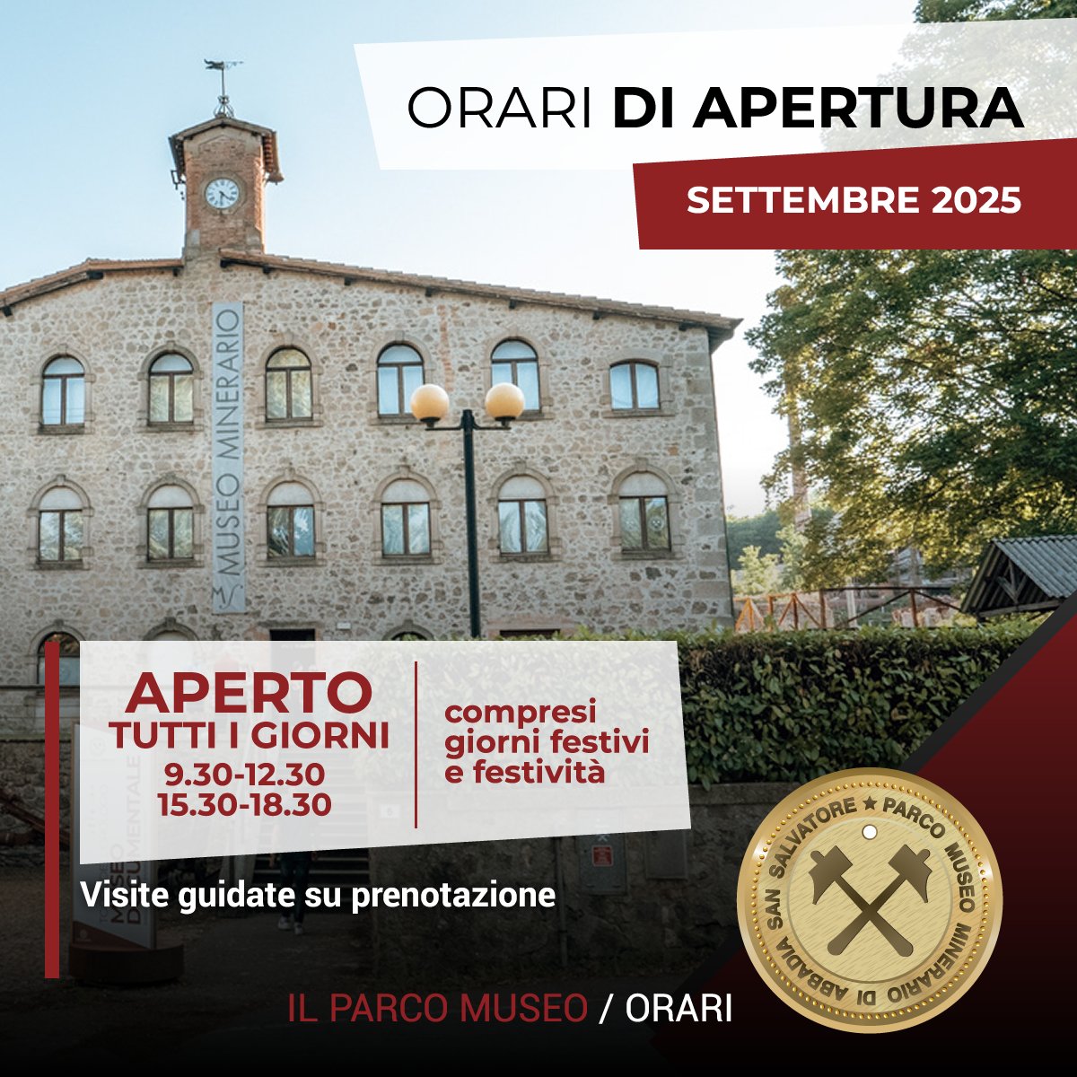 ⚡A #SETTEMBRE SIAMO APERTI TUTTI I GIORNI!
👉Dal 1° al 30 Settembre il Parco #Museo Minerario rimane aperto tutti i giorni, compresi festivi e festività, 9.30-12.30 e 15.30-18.30
👨‍👨‍👧‍👧Orari partenza visite guidate: ore 10.10, 10.50, 15.30, 16.10
#abbadiasansalvatore #musei #miniera