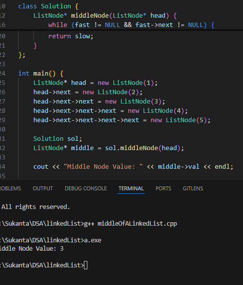 DevSukanta's tweet image. Trying to solve the #LeetCode  problem no 876 Middle of a Linked List 
#DSA  #cplusplusprogramming