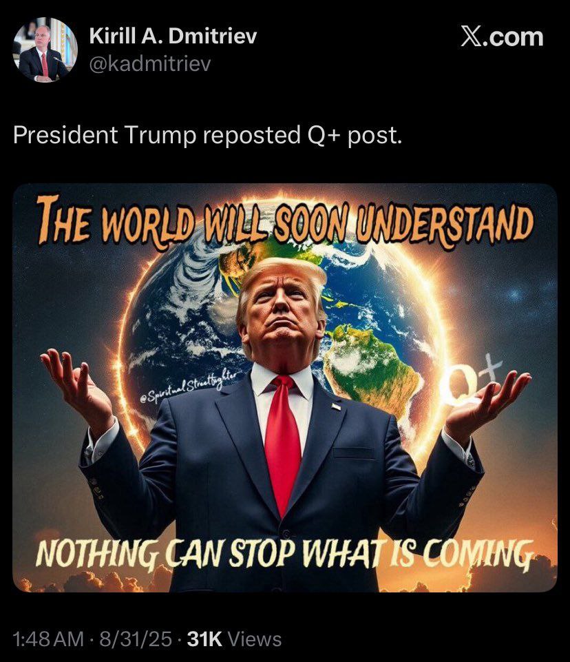 🌩

⚠️⚠️⚠️

By Rafapal 

A notícia do dia é esta: um assessor do presidente Putin compartilhou o meme de Trump com o lema de Q "nada pode parar o que está por vir".
Obviamente, estão anunciando que a Rússia faz parte da Aliança patriótica Q e, portanto, que essa aliança militar