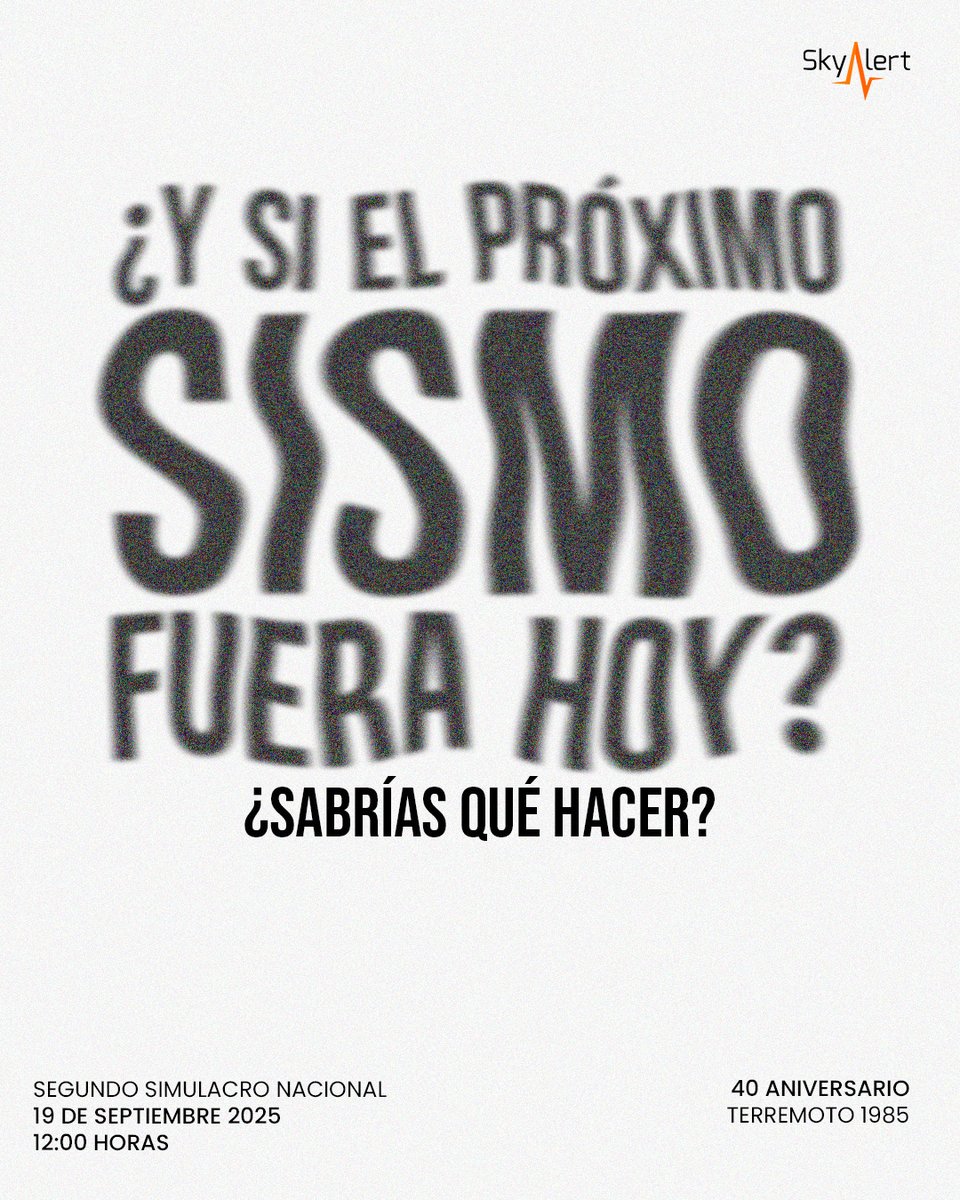 SkyAlertMx's tweet image. 📢 Faltan pocos días para que el país se una al #SimulacroNacional.

El 19 de septiembre a las 12:00 p.m. nuestra alerta sonará en #SkyAlertApp y en empresas con #SkyAlertBusiness. ¡Participa en el #SegundoSimulacroNacional 2025!

Protege lo que más importa ahora 👇…
