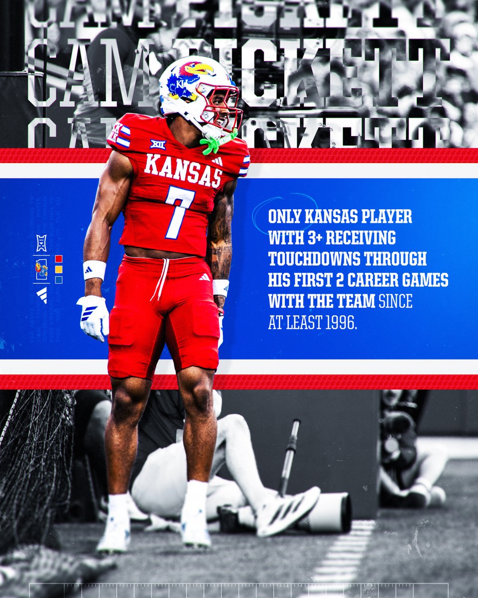 Different from the jump 🤧

@campickett4 is the only Kansas player since at least 1996 with 3+ receiving TDs in his first two games as a Jayhawk