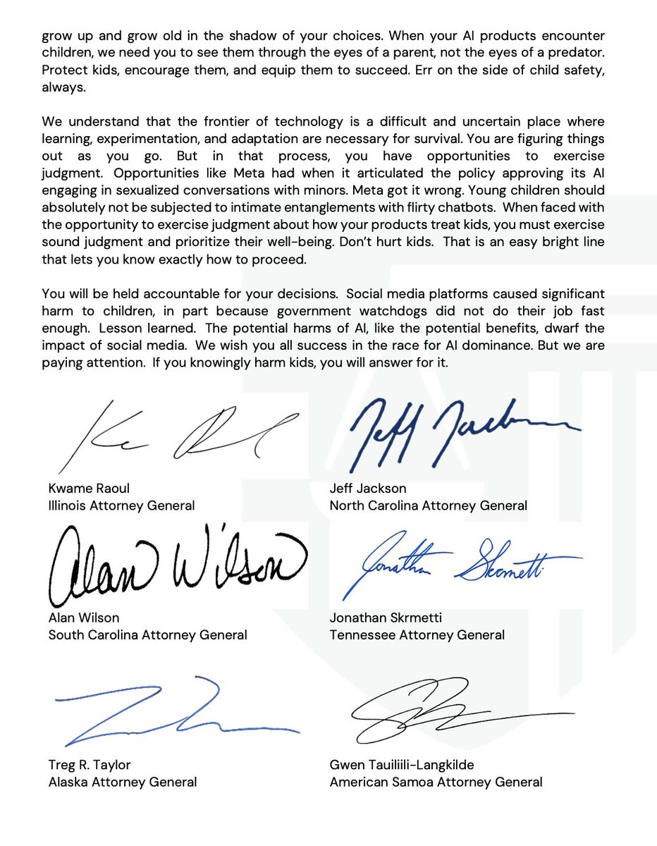 44 fiscales generales de Estados Unidos firman una carta hacia 13 empresas tecnológicas planteando los peligros de los chatbots IA en niños.

👉"En este punto de inflexión en la humanidad, las decisiones de sus empresas pueden tener ramificaciones por siglos, definiendo el día a