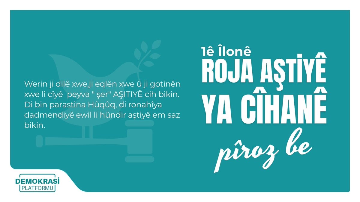 FigenCalikusu's tweet photo. "Werin ji dilê xwe, ji eqlên xwe û ji gotinên xwe li cîyê peyva 'şer' AŞITIYÊ cih bikin. Di bin parastina hûqûq û di ronahîya dadmendiyê de, pêşî di nav xwe de aştiyê saz bikin."
@dmkplatformu https://t.co/4w621yF9Ke
