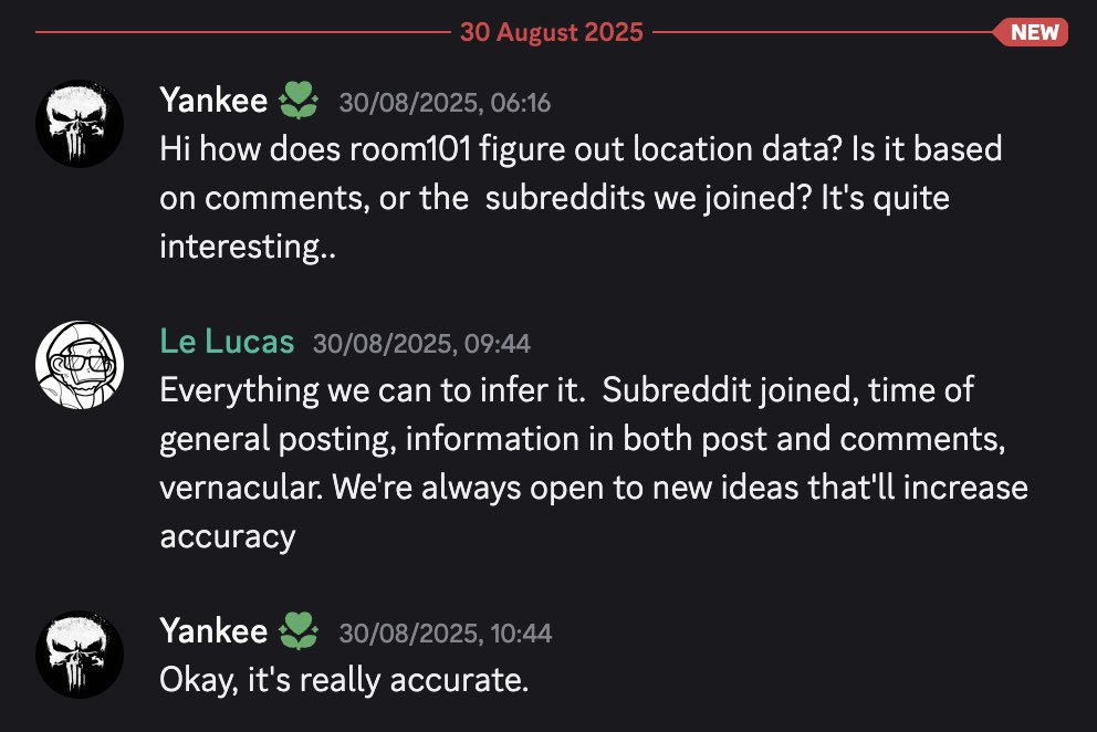 Most people don’t realize how much location data leaks through Reddit behavior, even without GPS, IP, or check-ins.

At R00M 101, we built a system that infers geography from linguistic patterns, subreddit affiliations, timestamps, and posting habits. No guesses, just signals.