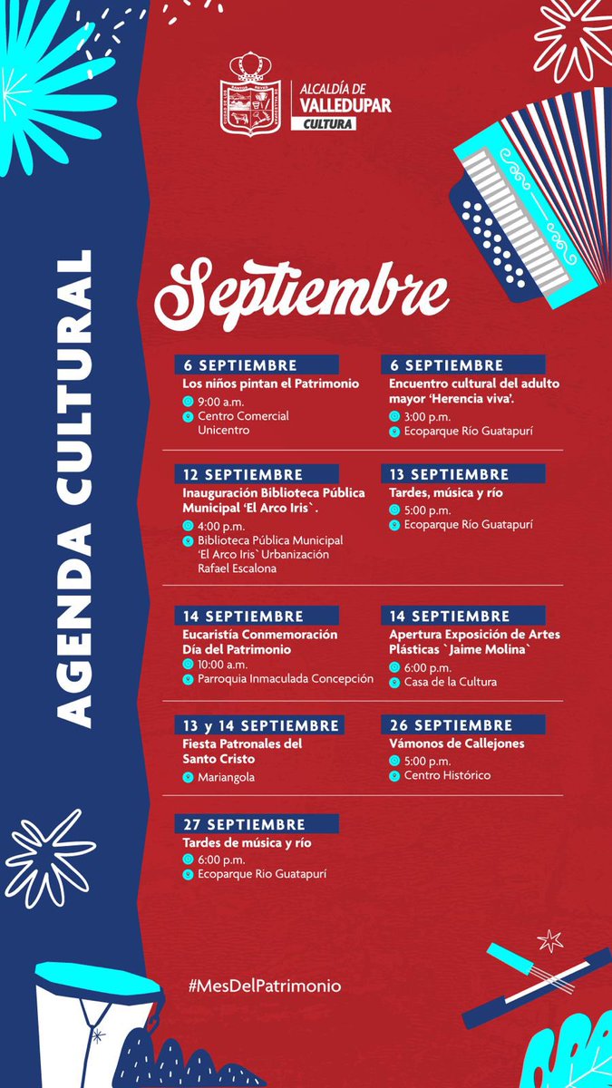Inicia septiembre y con el llega una agenda cargada de arte, historia y tradición en el Mes del Patrimonio.
Desde la <a href="/AlcaldiaVpar/">Alcaldía de Valledupar</a> te invitamos a ser parte de cada actividad. 🙌
🗓️ ¡Agéndate con la cultura y vive Valledupar como una ciudad de eventos!