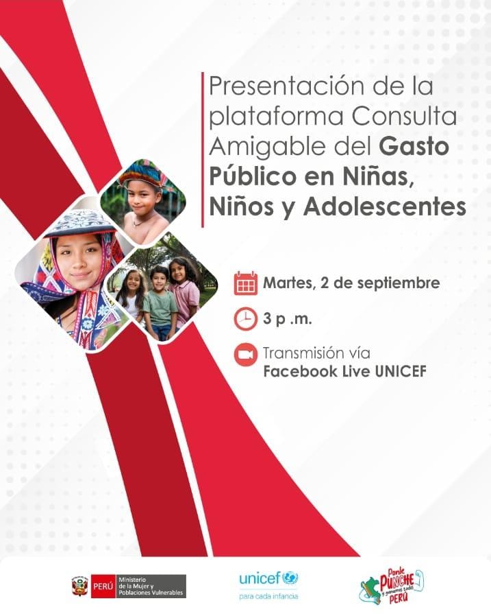 Este martes 2 setiembre a las 3pm se realizará la presentación de la Plataforma Consulta Amigable del Gasto Público en Niñas, Niños y Adolescentes.

No te pierdas la transmisión #EnVivo por Facebook Live.

¡Te esperamos!

<a href="/MimpPeru/">Ministerio de la Mujer y Poblaciones Vulnerables</a>