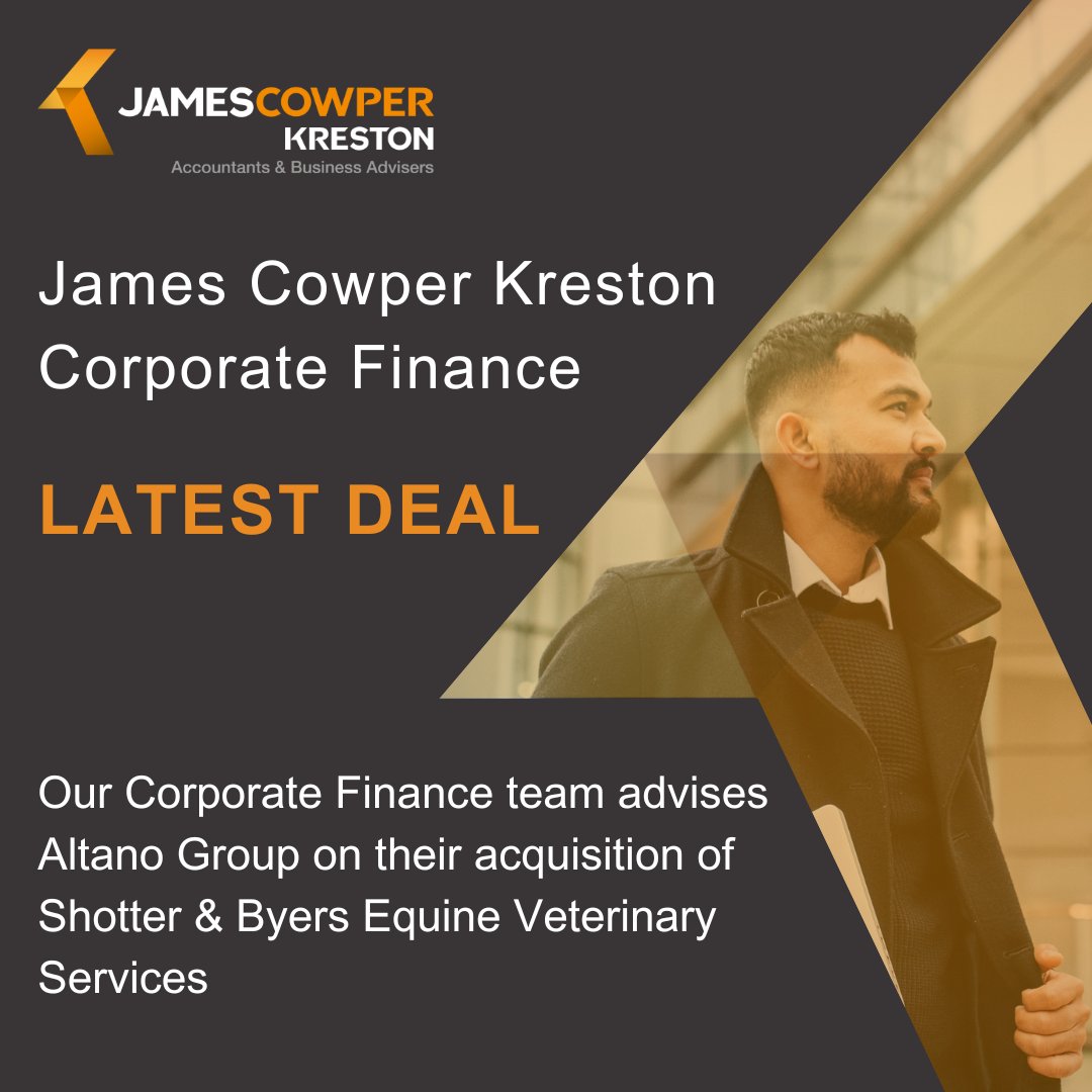 Our Corporate Finance team provided financial and tax due diligence services to Altano Group on their acquisition of Shotter &amp; Byers Equine Veterinary Services.🤝

Read our full press release here 👉 jamescowperkreston.co.uk/news/our-corpo…

#MaximiseYourPotential #JamesCowperKreston