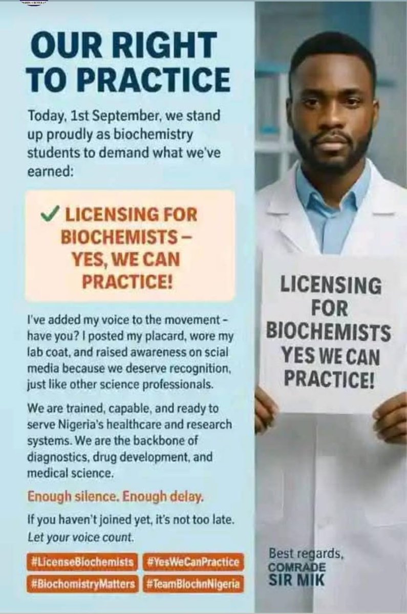 BinsalehS's tweet photo. BIOCHEMISTRY IS THE FUTURE OF MOLECULAR MEDICINE!”
“NO LICENSE, NO PROGRESS FOR BIOCHEMISTRY!”
“WE NEED RECOGNITION TO SERVE THE NATION!”
“APPROVE ICBMB — GIVE BIOCHEMISTS AUTONOMY!”
“MOLECULAR MEDICINE NEEDS LICENSED BIOCHEMISTS!”
“LICENSE US TODAY, SAVE LIVES TOMORROW!”
#nsbs https://t.co/P05TRrPVhB