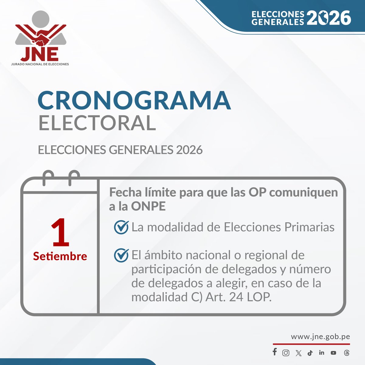 #EG2026 | #CronogramaElectoral
Hoy 1 de setiembre se cumple un hito electoral más en el cronograma electoral de las Elecciones Generales 2026, es la fecha límite para que las organizaciones políticas comuniquen a la ONPE la modalidad de Elecciones Primarias.