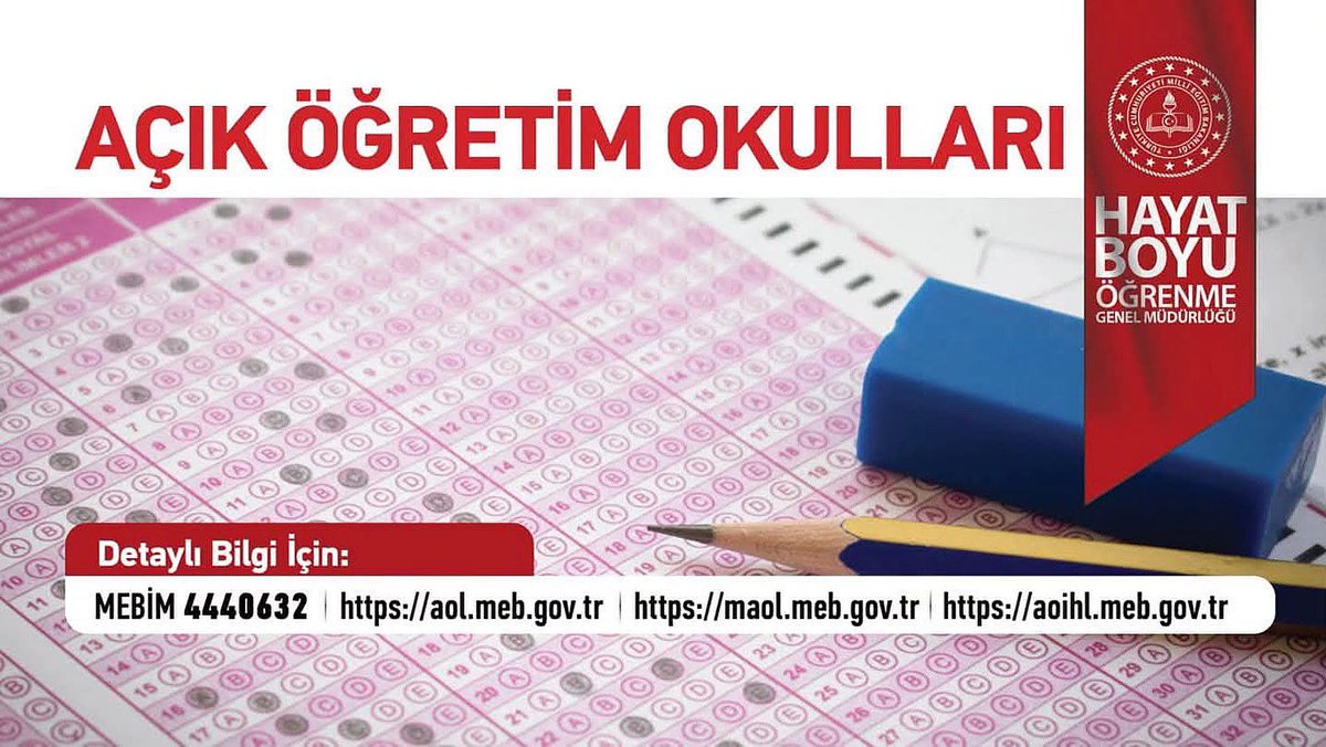 23-31 Ağustos 2025 Tarihleri Arasında Yapılan Açık Öğretim Liseleri Ek Sınav Sonuçları Açıklandı.

Öğrenciler;
👉 aolweb.meb.gov.tr/ogrenci_giris.…
internet adresinden, Öğrenci/T.C. Kimlik Numarası ve şifreleri ile giriş yaparak sınav sonuçlarını öğrenebilirler.

2024-2025 eğitim öğretim