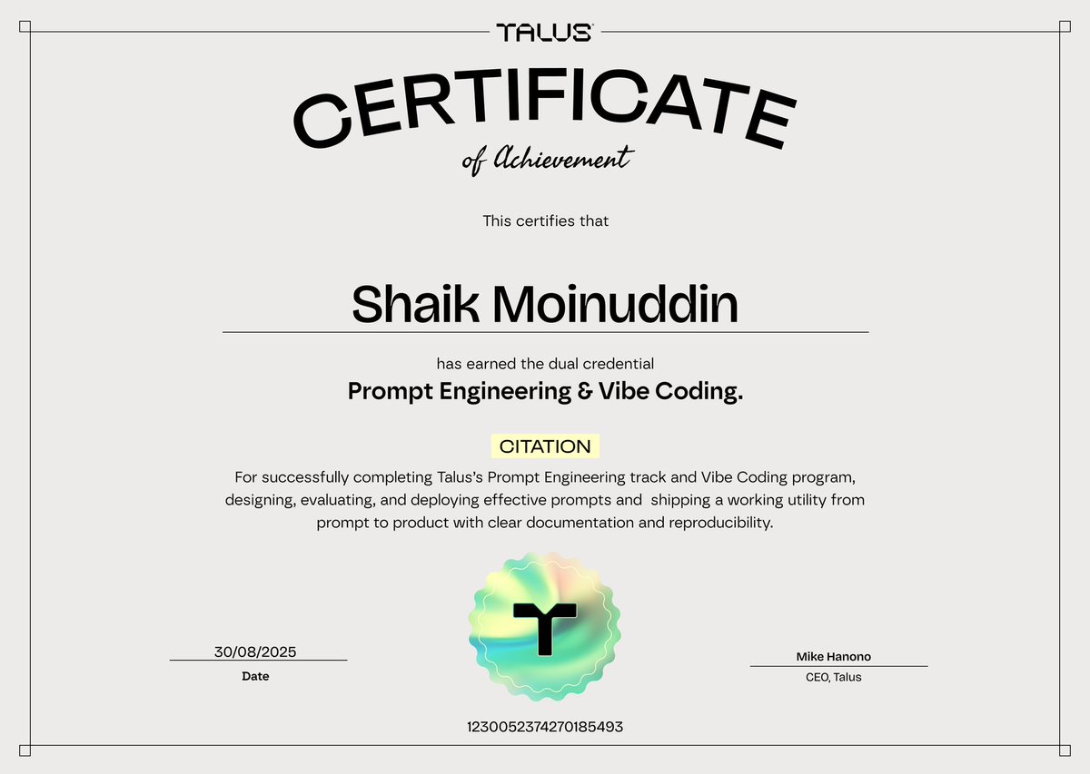 SHAIK MOINUDDIN (Ø,G) IP 🦭/acc 🔌 ⚡ (@moinu614) on Twitter photo I started this journey with <a href="/TalusNetwork/">Talus 🐸</a> just to learn something new…
Now I’m officially certified in Prompt Engineering & Vibe Coding!
From ideas → prompts → real working stuff. Let’s keep building.
<a href="/TalusNetwork/">Talus 🐸</a> <a href="/talus_intern/">talus intern 🐸</a> <a href="/Tbrreadd/">TBread 🆃alus</a> <a href="/0xgmike/">Mike Hanono</a> I started this journey with <a href="/TalusNetwork/">Talus 🐸</a> just to learn something new…
Now I’m officially certified in Prompt Engineering & Vibe Coding!
From ideas → prompts → real working stuff. Let’s keep building.
<a href="/TalusNetwork/">Talus 🐸</a> <a href="/talus_intern/">talus intern 🐸</a> <a href="/Tbrreadd/">TBread 🆃alus</a> <a href="/0xgmike/">Mike Hanono</a>