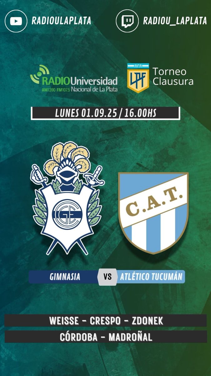 Hoy por <a href="/radioulaplata/">Radio UNLP</a> transmitimos <a href="/gimnasiaoficial/">Club de Gimnasia y Esgrima La Plata</a> 
Atl. Tucuman
Escuchanos por youtube.com/live/KXbtz5DFv…
