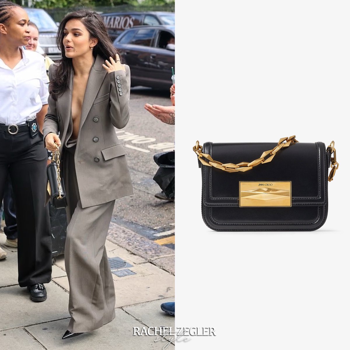 ZeglerStyle's tweet image. Rachel wore the #AlexPerry ‘Double Breasted Fitted Blazer’ ($2,600) along with the ‘Halter Top’ ($950) and ‘Tailored Trouser’ ($1,600)

She carried the #JimmyChoo ‘Diamond Crossbody Bag’ ($1,316 - On Sale) at the Don't Cry for Me Argentina vinyl Signing ➳ September 1st, 2025.