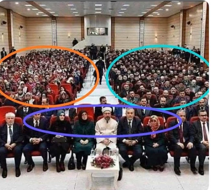 Kadınlarla erkeklerin yan yana oturmaları günahtır.
Fakat bu duruma göre değişir. 
Protokolde bu kural geçerli değildir