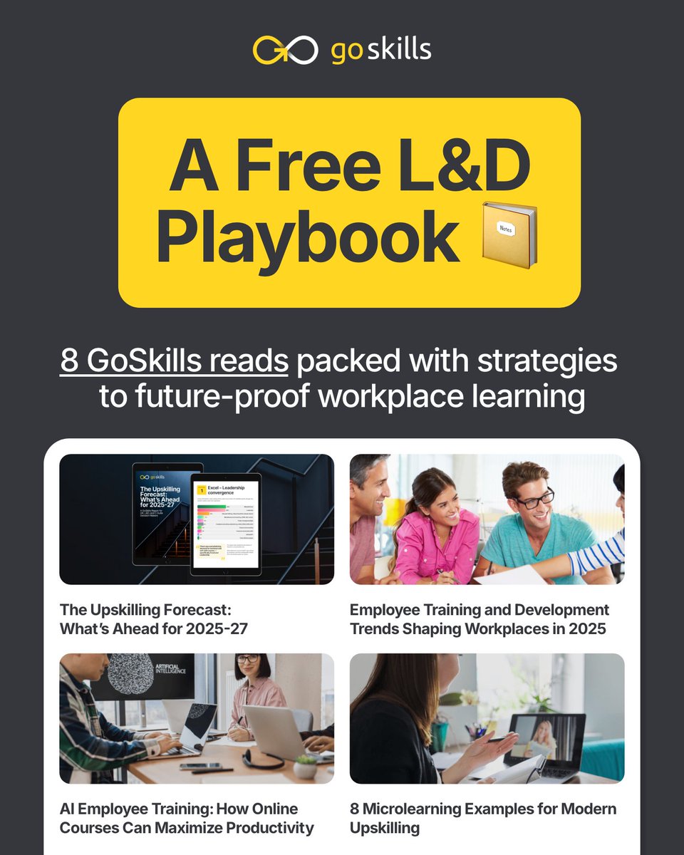 getgoskills's tweet image. Training a team? Here are 8 free (and practical!) GoSkills reads to future-proof your learning strategy 🧵👇
#LearningAndDevelopment