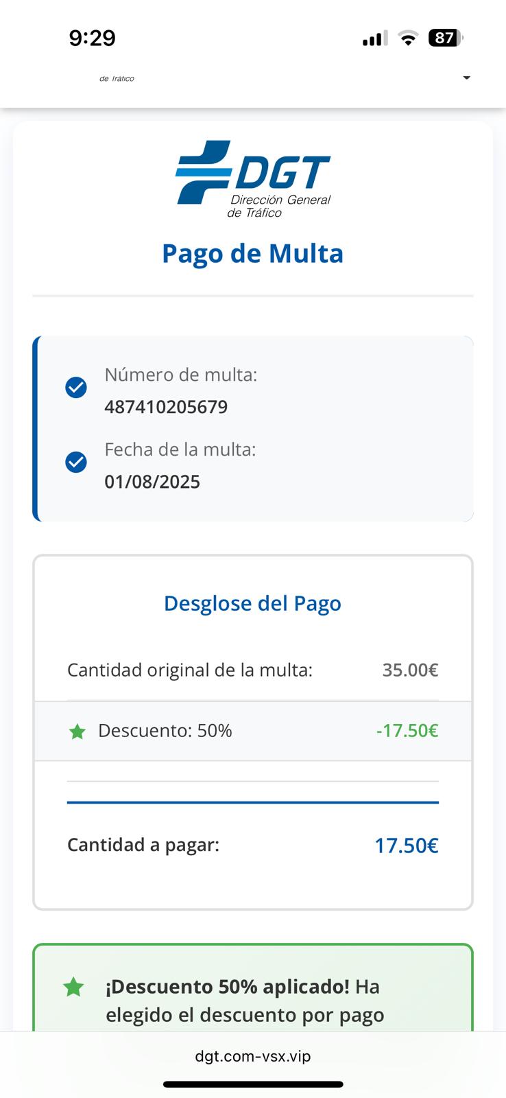 Página fraudulenta imitando pagos de la DGT