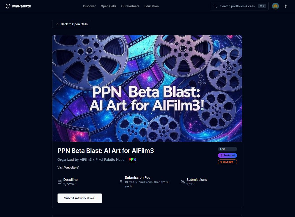 MyPalette.xyz (@mypalettexyz) on Twitter photo The very first Open Call for artists is available exclusively to artists in <a href="/PixelPalettePPN/">Pixel Palette NationγMINT COMING</a>π«΅
Join the PPN Discord and ask how to get involved today!
Special shoutout to our partners <a href="/AI_film_3/">AI Film 3 - Official</a>ποΈ
More open calls and artist opportunities are coming soon from several partnersπ¨ The very first Open Call for artists is available exclusively to artists in <a href="/PixelPalettePPN/">Pixel Palette NationγMINT COMING</a>π«΅
Join the PPN Discord and ask how to get involved today!
Special shoutout to our partners <a href="/AI_film_3/">AI Film 3 - Official</a>ποΈ
More open calls and artist opportunities are coming soon from several partnersπ¨