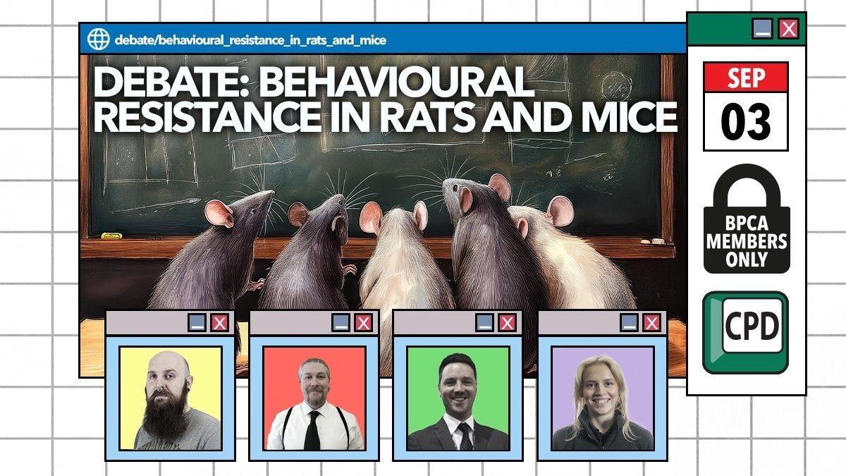 THIS WEEK❗Don't miss out on what is going to be a great debate on behavioural resistance in rodents w/ expert speakers Alex Wade, Dr Matt Davies and Chloe Smith. 

Register (members only🔐): buff.ly/QiaKB8C 

#PestControl #Events #CPD #Debate
