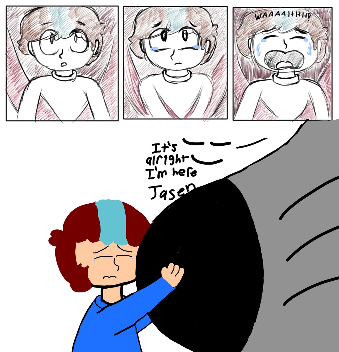 Jeffrey27953836's tweet photo. Here's Eclipse comforting Jasen after the whole scare he had. Hope you guys like it.
Jasen and template belongs to @LeoAnnnnne
Eclipse belongs to me
#Hildaoc #Ocart #Hildasbrother #Jasen https://t.co/ReUerhkXXL