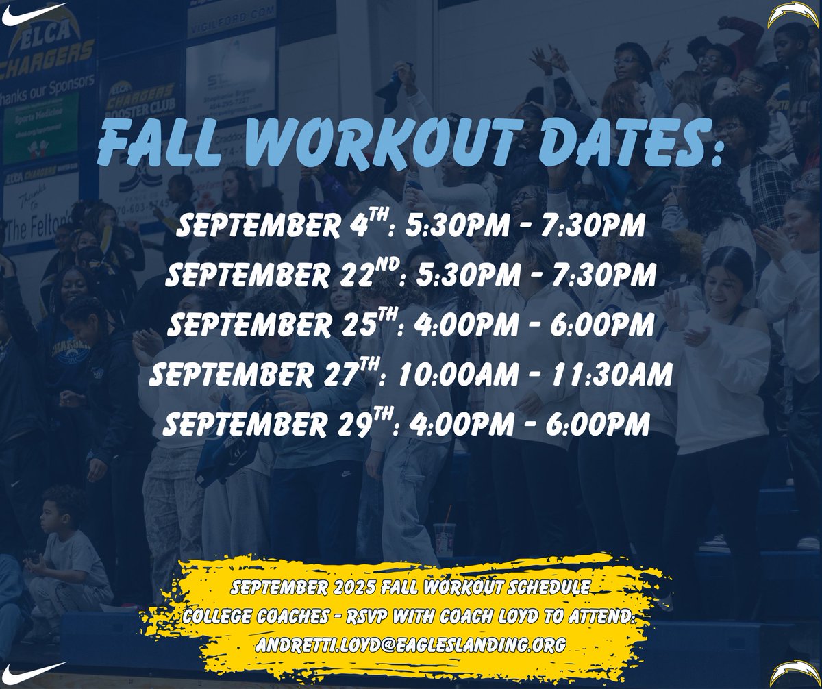ELCA Basketball (@elca_basketball) on Twitter photo 🚨COLLEGE COACHES🚨
Our fall league and workout schedules are above! Please RVSP to Coach Loyd to attend‼️
Andretti.loyd@eagleslanding.org
#StackGoodDays🧱⚡️ 🚨COLLEGE COACHES🚨
Our fall league and workout schedules are above! Please RVSP to Coach Loyd to attend‼️
Andretti.loyd@eagleslanding.org
#StackGoodDays🧱⚡️