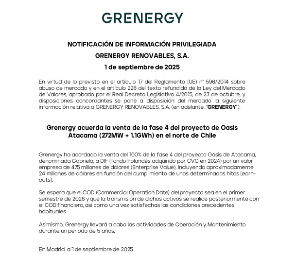 #GRENERGY #GRE 67,60€ #BOLSACHART 

📌Grenergy vende la fase 4 de oasis de atacama por 475 M USD.
