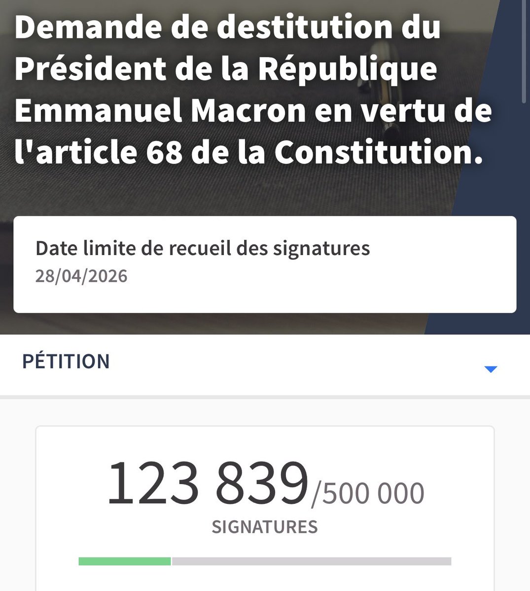 🚨 ALERTE INFO 🚨

La PÉTITION demandant la DESTITUTION d’Emmanuel Macron cumule plus de 123 000 signatures.