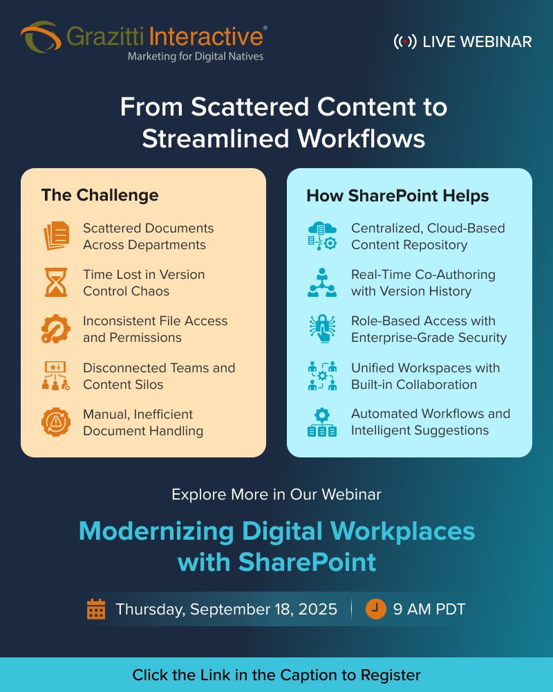 Grazitti's tweet image. Scattered content. Disconnected teams. Limited visibility.
Join our upcoming webinar to explore how to tackle these challenges with SharePoint by streamlining content and automating workflows.
👉 ow.ly/RIsX50WP01i
#DigitalWorkplace #SharePointSolutions #Grazitti