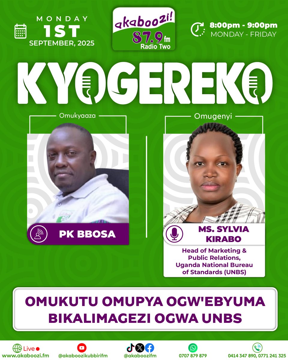 "OMUKUTU OMUPYA OGW'EBYUMA BIKALIMAGEZI OGWA UNBS" - <a href="/KiraboSylvia/">Kirabo Sylvia (MCIPR,MCIM)</a> 

Leero mu Kyogereko ne PK Bbosa ku ssaawa bbiri
<a href="/UNBSug/">UNBS</a> 
<a href="/mofpedU/">Ministry of Finance</a> 
<a href="/Parliament_Ug/">Parliament of Uganda</a> 
<a href="/pwatchug/">Parliament Watch</a> 
<a href="/GovUganda/">Government of Uganda</a> 
#Akaboozi #Kubbiri #Kyogereko