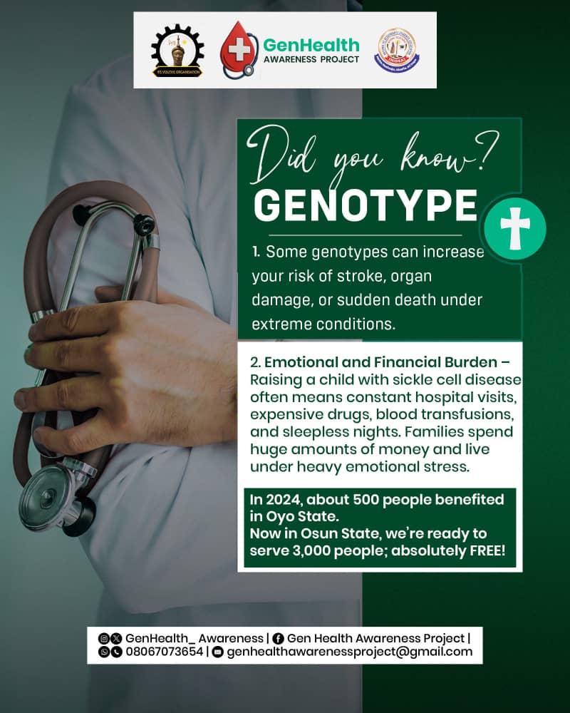 GenhealthA36406's tweet photo. Before you say 'yes, I do,' be sure you know your partner’s genotype. Love is sweet, but awareness makes it safe.
#GenotypeAwareness #HealthAwareness #StopSickleCell #GenotypeCheck https://t.co/pXlhICzlaJ