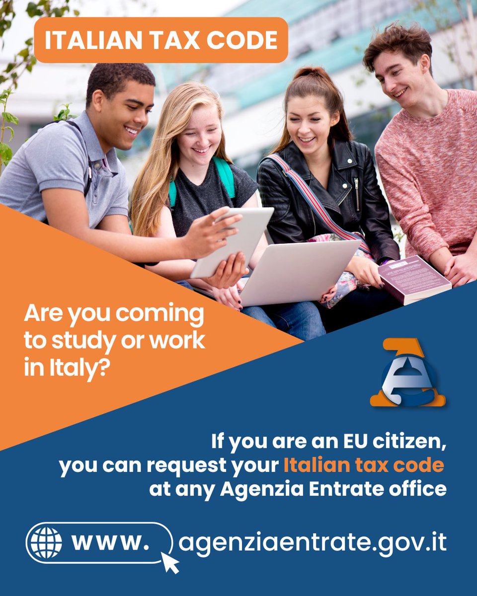 Are you coming to study or work in #Italy?
If you are an #EU citizen, you can request your Italian #tax #code at any #AgenziaEntrate office by submitting form AA4/8 together with an identity document.
Book an appointment 👉 bit.ly/3HNOSFx