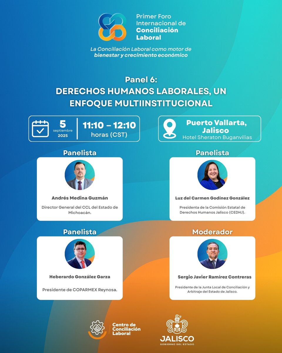 📢 Este 5 de septiembre en #PuertoVallarta continuamos con el Foro Internacional de Conciliación Laboral.

👉 Regístrate: ccl.jalisco.gob.mx/forocl