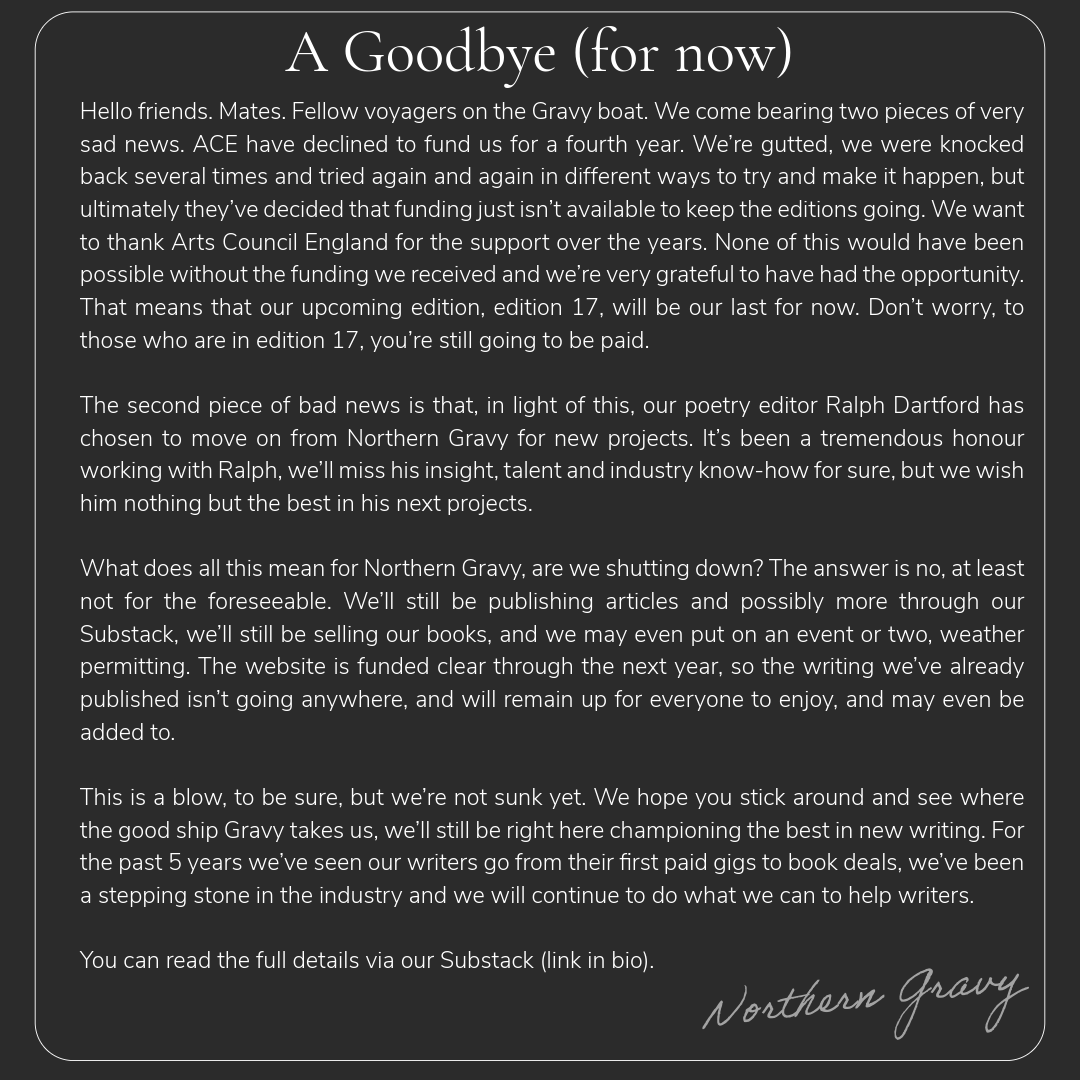 NorthGravy's tweet photo. A Goodbye (for now) and a Celebration! The Good Ship Gravy is charting a new heading and our crew has become lighter. With great thanks to @ace_national and @ace_midlands for 3 years! Details: https://t.co/UFhLVTRlw8 - With love, @JonnySyer , @nickwritesbooks, @DartfordRa77669. https://t.co/UsKANj1XZH