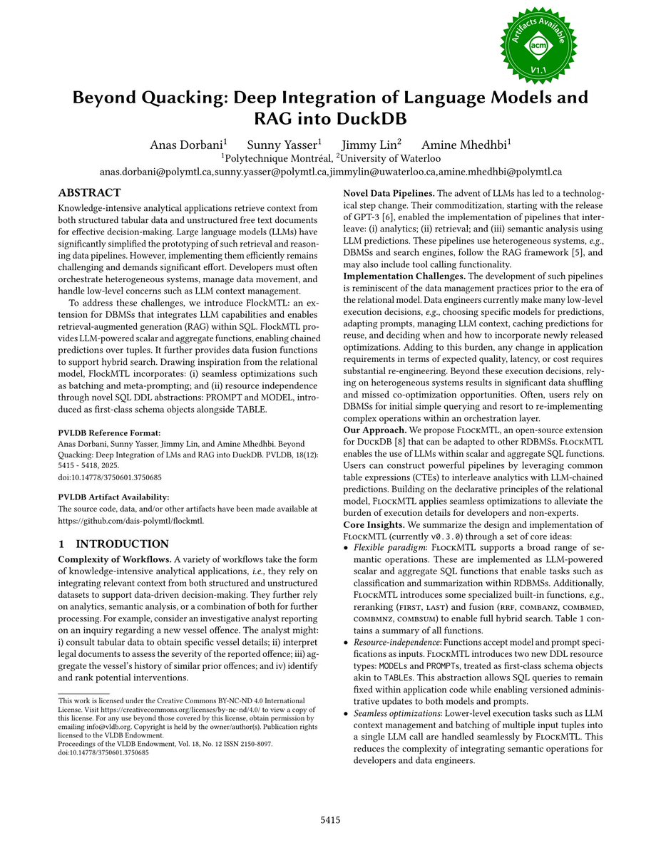 pvldb's tweet photo. Vol:18 No:12 → Beyond Quacking: Deep Integration of Language Models and RAG into DuckDB https://t.co/ASCDOwnPdJ https://t.co/UTVo9vt5sX