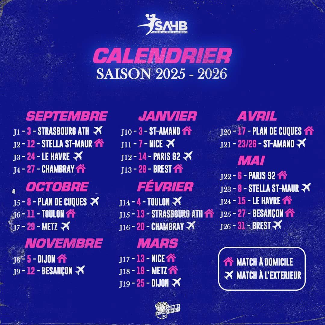 𝘾𝘼𝙇𝙀𝙉𝘿𝙍𝙄𝙀𝙍 𝙇𝘽𝙀 𝟮𝟬𝟮𝟱-𝟮𝟬𝟮𝟲 🗓️

Voici le programme du championnat de la Ligue Butagaz Energie pour nos joueuses ! 🔥

En espérant vous voir en nombre tout au long de l’année ! 

#ENSAMBRE