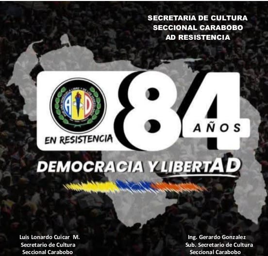 nelson guillen (@nelsonguillen64) on Twitter photo Imagen oficial de la conmemoración del 84° aniversario de Acción Democrática el proximo #13Sep. Somos AD En Resistencia, sinónimo de dignidad, valentía y amor por Venezuela. #84AñosADEnResistenciaConVzla
<a href="/ADemocratica/">Acción Democrática</a>
<a href="/hramosallup/">Henry Ramos Allup</a> <a href="/ADOrganizacion_/">AD Organización Nacional</a> <a href="/PieroMaroun/">Piero Maroun</a> Imagen oficial de la conmemoración del 84° aniversario de Acción Democrática el proximo #13Sep. Somos AD En Resistencia, sinónimo de dignidad, valentía y amor por Venezuela. #84AñosADEnResistenciaConVzla
<a href="/ADemocratica/">Acción Democrática</a>
<a href="/hramosallup/">Henry Ramos Allup</a> <a href="/ADOrganizacion_/">AD Organización Nacional</a> <a href="/PieroMaroun/">Piero Maroun</a>