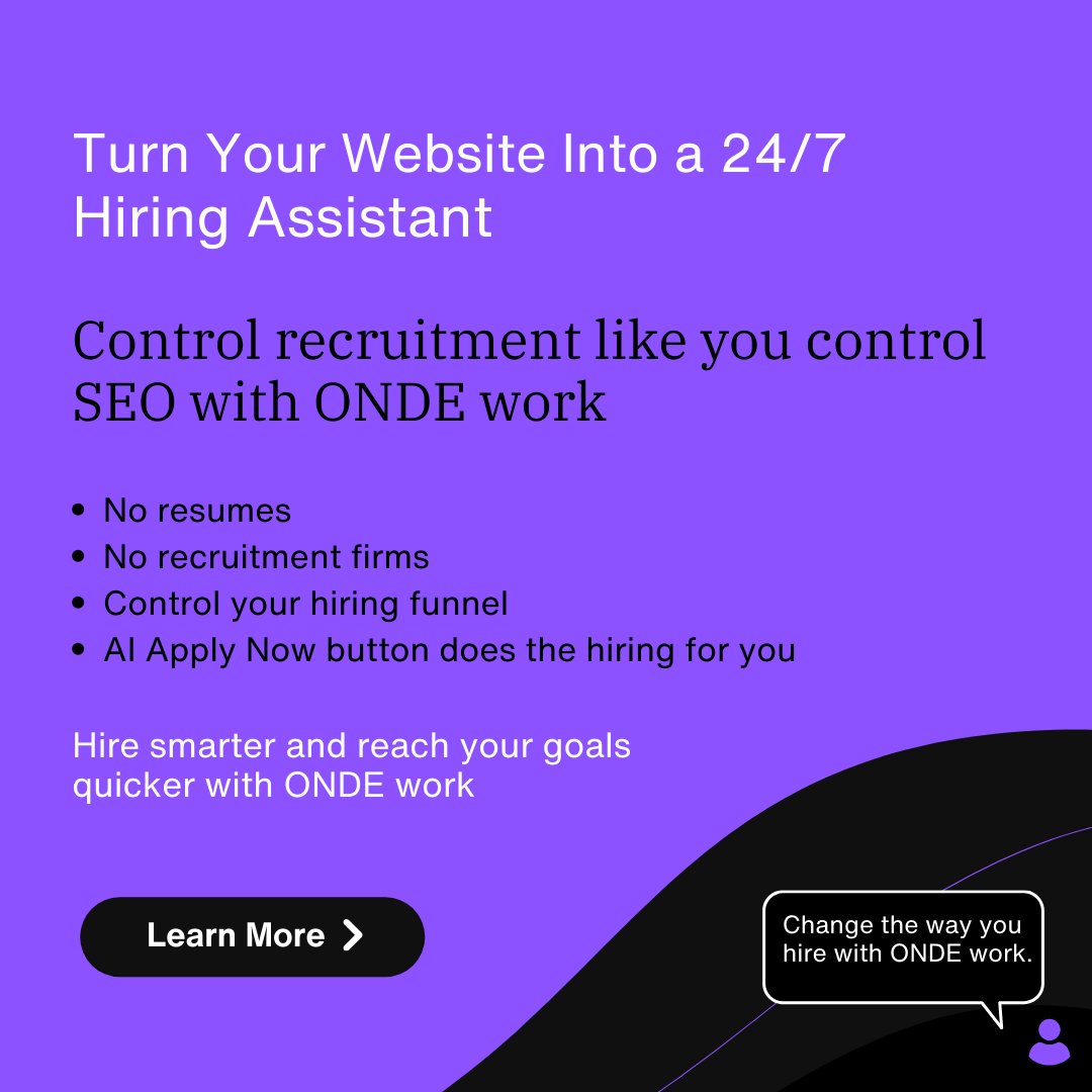 Turn Your Website Into a 24/7 Hiring Assistant

Stop paying for job ads that create work. Control recruitment like you control SEO—drive talent to YOUR website with an AI Apply Now button that does the hiring for you.

ondework.com/resources/webs…