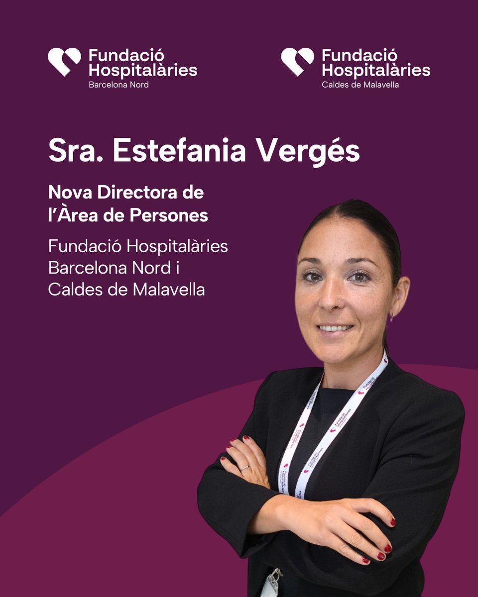 Fundació Hospitalàries Barcelona Nord (@fhbarcelonanord) on Twitter photo Ens complau anunciar que la Sra. Estefania Vergés s’incorpora com a directora de l’Àrea de Persones de la Fundació Hospitalàries Barcelona Nord i de la <a href="/FHCaldes/">Fundació Hospitalàries Caldes de Malavella</a>.
Li donem la benvinguda i li desitgem molts èxits en aquesta nova etapa. Ens complau anunciar que la Sra. Estefania Vergés s’incorpora com a directora de l’Àrea de Persones de la Fundació Hospitalàries Barcelona Nord i de la <a href="/FHCaldes/">Fundació Hospitalàries Caldes de Malavella</a>.
Li donem la benvinguda i li desitgem molts èxits en aquesta nova etapa.