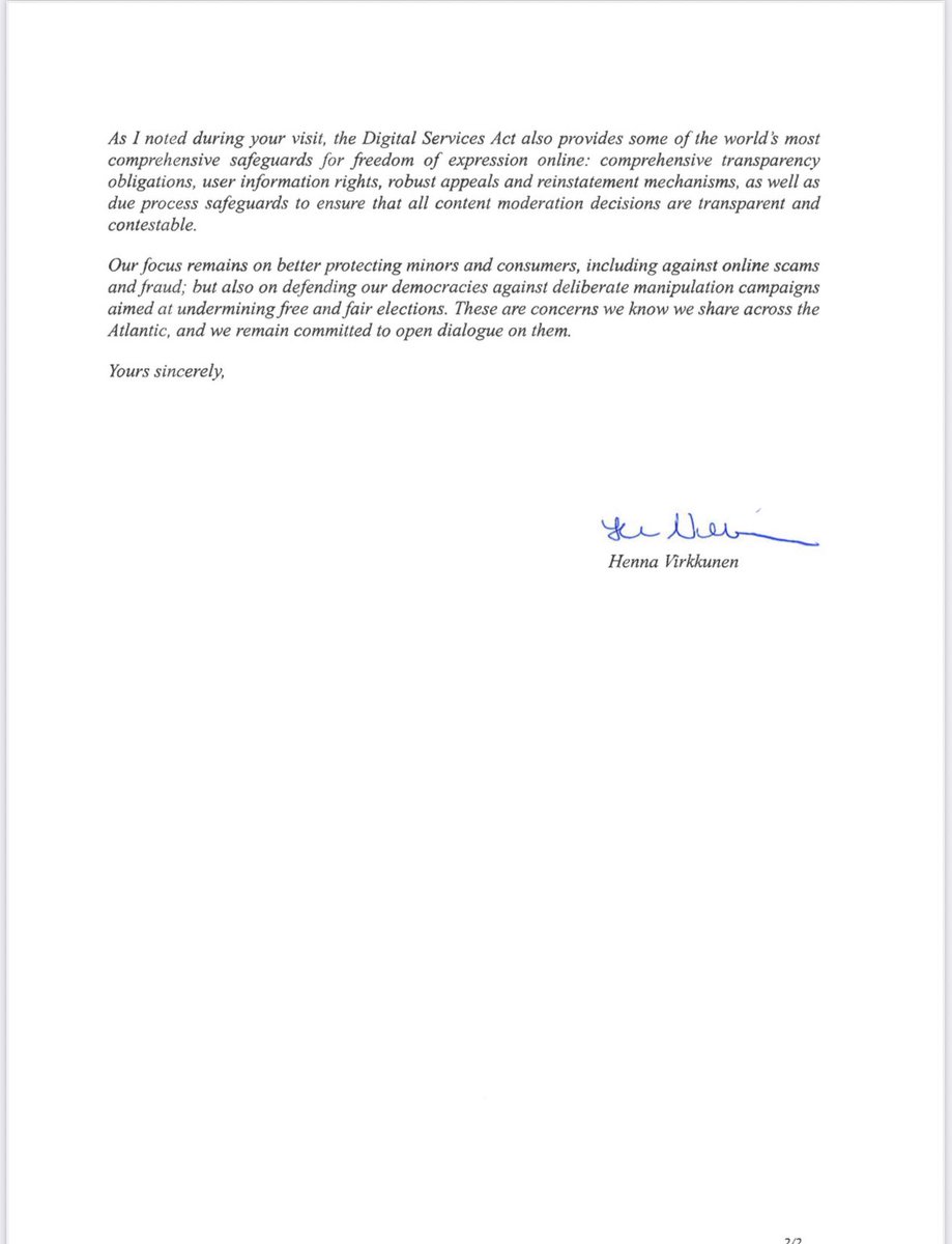 The DSA and DMA are our sovereign legislations -

Non-discriminatory, applying to all online platforms in the EU.

Fully protecting our fundamental rights, including freedom of expression.

I will keep enforcing them, for our kids, citizens and businesses.