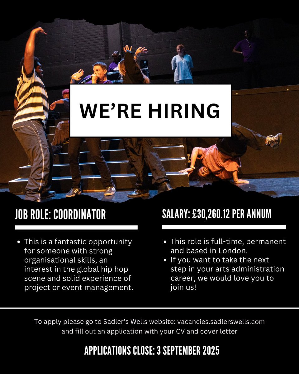 BConvention's tweet image. Looking for your next job role? 👀 Want to work in hip hop? 😎

Just two days left to apply to our Coordinator role at @Sadlers_Wells: vacancies.sadlerswells.com/job/coordinato…

#jobvacancy