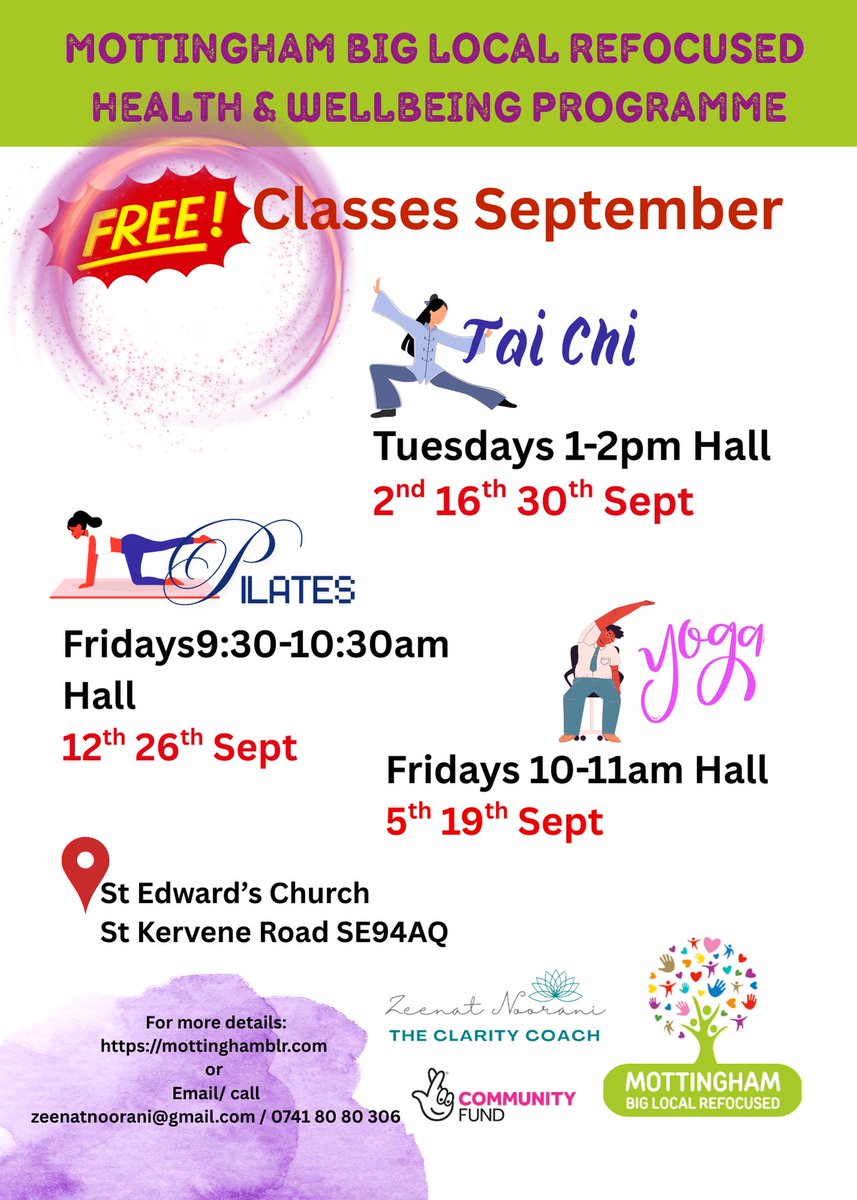 🚨 Final chance, Mottingham!
Join us this September for our final Health &amp; Wellbeing sessions 🌿🧘‍♀️
Pilates, Tai Chi &amp; Yoga led by amazing instructors 
📍 St Edward's Church, SE9 4AQ
#MottinghamWellbeing #MBLR