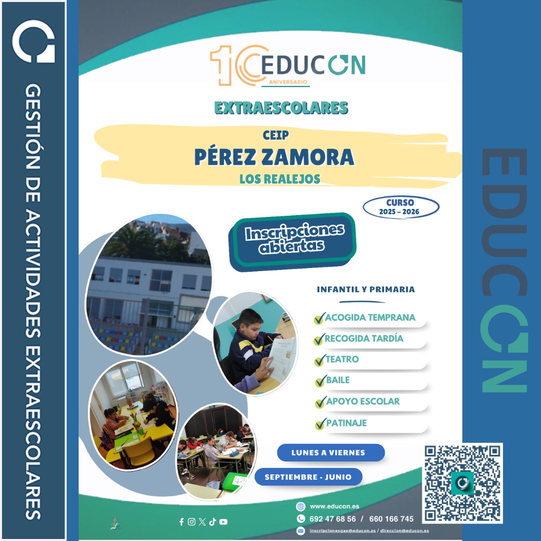 📍 CEIP Pérez Zamora – Los Realejos
Curso Escolar 2025–2026
💬 Gracias por permitirnos acompañar a sus hijos un año más en su desarrollo personal, educativo y creativo.
¡Juntos hacemos que cada tarde sea una nueva aventura!
🌐 Inscripciones abiertas en: educon.es/inscripciones
