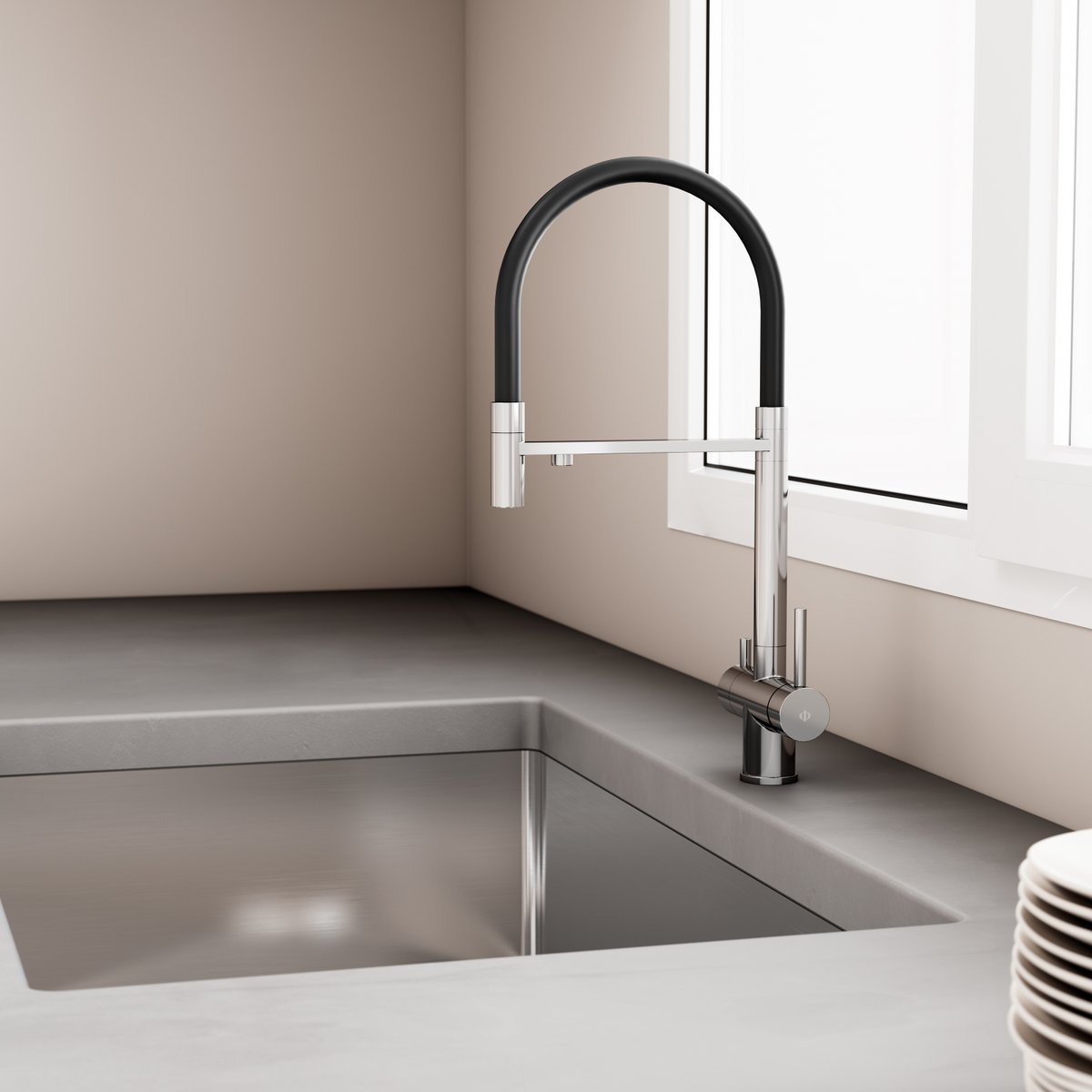 El grifo monomando de cocina Osmosis extraíble combina estética contemporánea con materiales de alta calidad. #griferidecocina #gme #iobygme