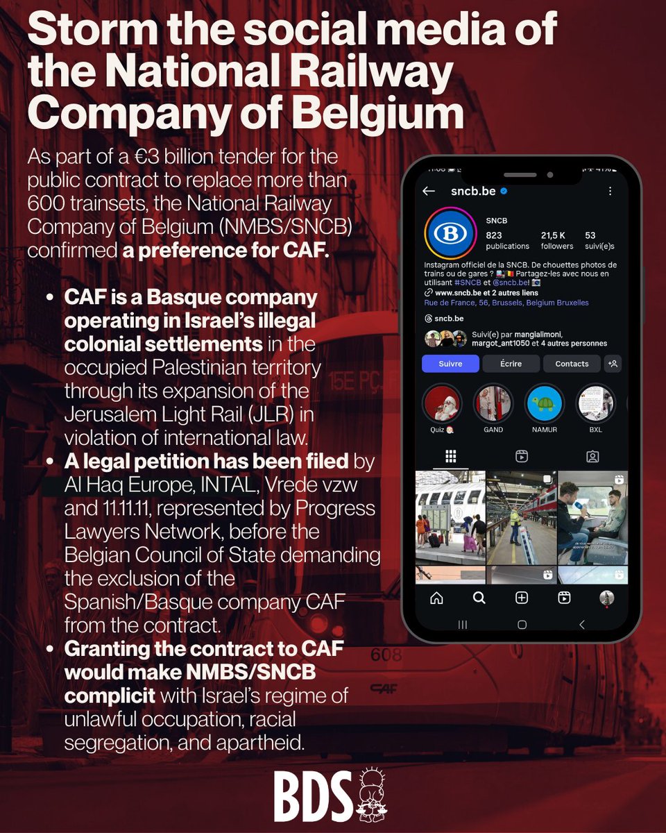 Set a precedent for accountability: Storm the <a href="/SNCB/">SNCB</a> and <a href="/NMBS/">NMBS</a> comments section to expose CAF’s complicity in Israel’s crimes against the Palestinian people — and demand their exclusion from the contract with the NMBS/SNCB.