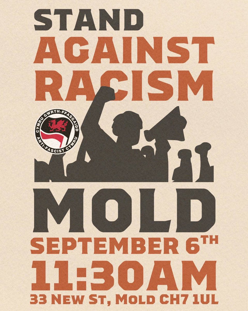 CymruAFN's tweet photo. MOLD UNITED AGAINST RACISM ✊

Saturday 6th September 11:30am, 33 new st, CH7 1UL https://t.co/nsaTjVIVtG