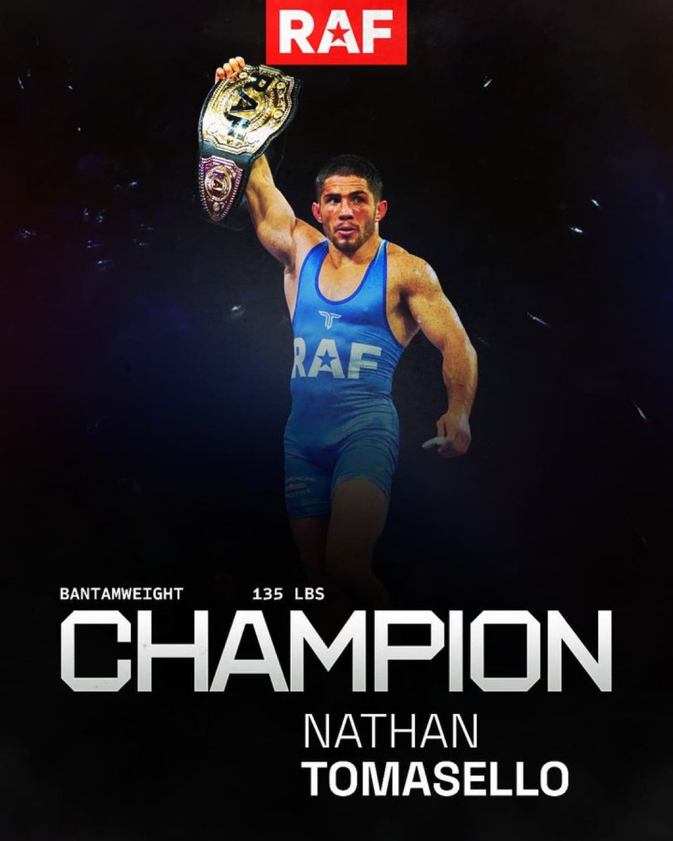 Your <a href="/RAFWrestlingUSA/">Real American Freestyle</a> champions:

Strawweight champion:
<a href="/sarhilde/">Sarah Hildebrandt</a> 

Featherweight champion:
Real Woods

Cruiserweight champion:
<a href="/kyledake444/">Kyle Dake</a> 

Bantamweight champion:
<a href="/_NA_T0/">Nathan Tomasello</a> 

#RAF #RAF01