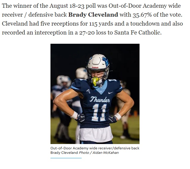 Honored to be named <a href="/htpreps/">Herald-Tribune sports</a>  Week 1 - Athlete of the Week! Thank you to everyone who voted and supported me, it means a lot. Couldn’t do it without my teammates and coaches!
---
<a href="/ODAfootball/">Out-of-Door Football</a> <a href="/coachHollway/">Rob Hollway</a> <a href="/Coach_JMedeiros/">Josh Medeiros</a> 
<a href="/Next_level_z/">Next_level_z</a> <a href="/Coachabelson/">Coach Abelson</a> 
<a href="/PrepRedzoneFL/">Prep Redzone Florida</a> <a href="/CenFLAPreps/">Central Florida Preps</a>