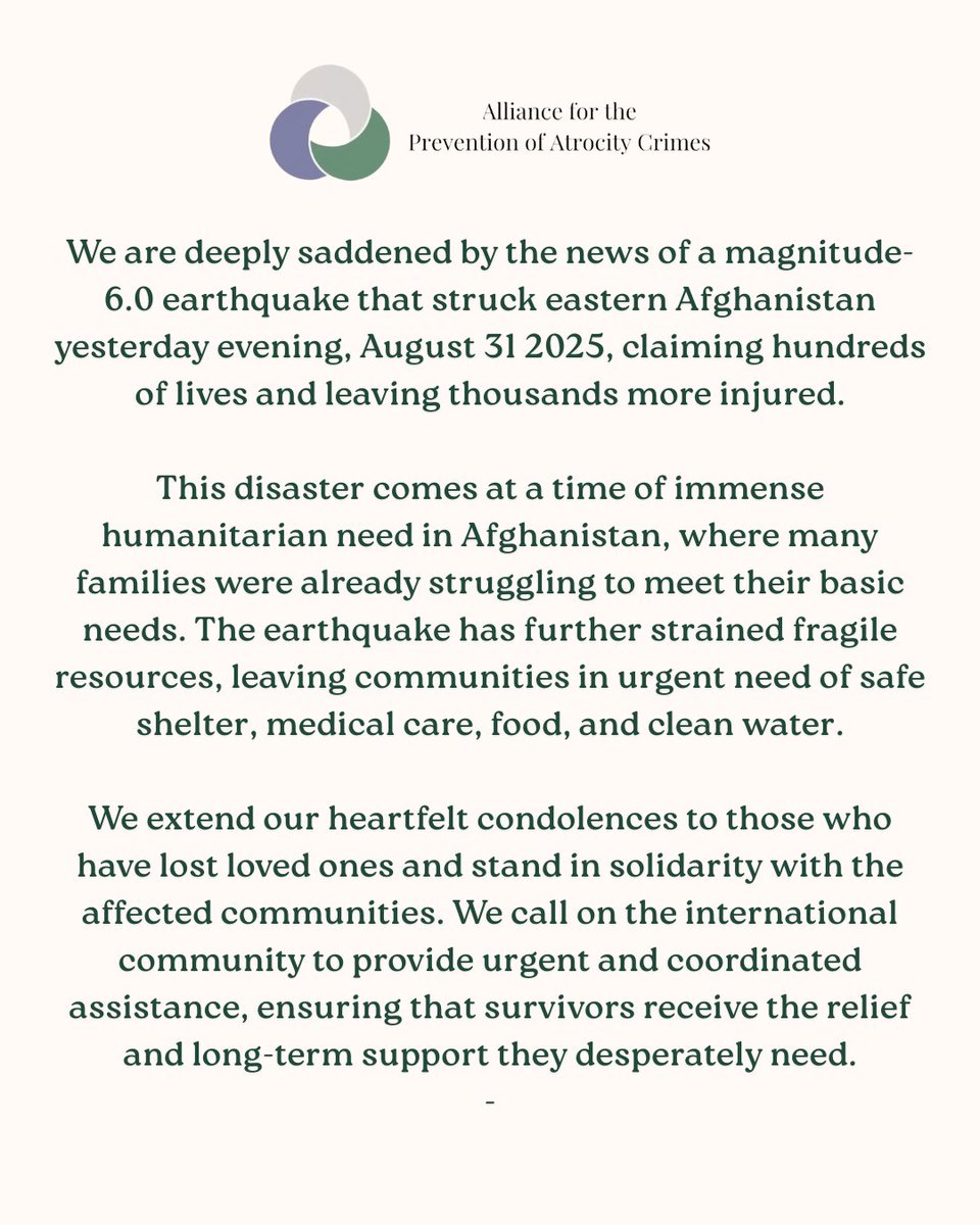We extend our deepest sympathies to all those affected by yesterday's earthquake in #Afghanistan , which has claimed hundreds of lives and left thousands injured. We urge the international community to act now with coordinated humanitarian aid.